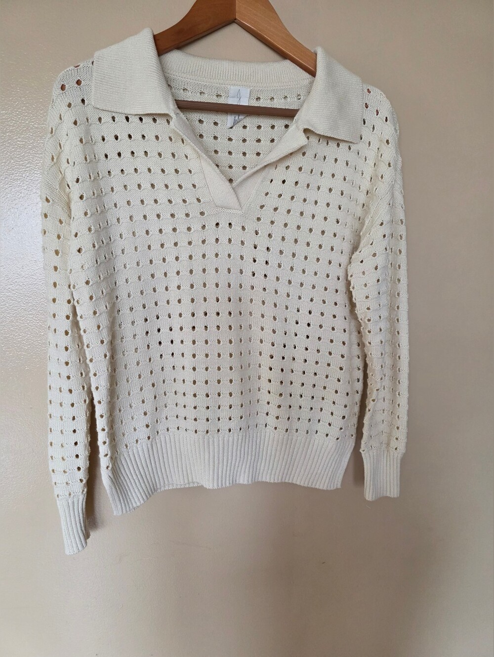Joie Open Knit Collared Sweater S Cream Ivory Relaxed Fit Coastal Boho Beachy